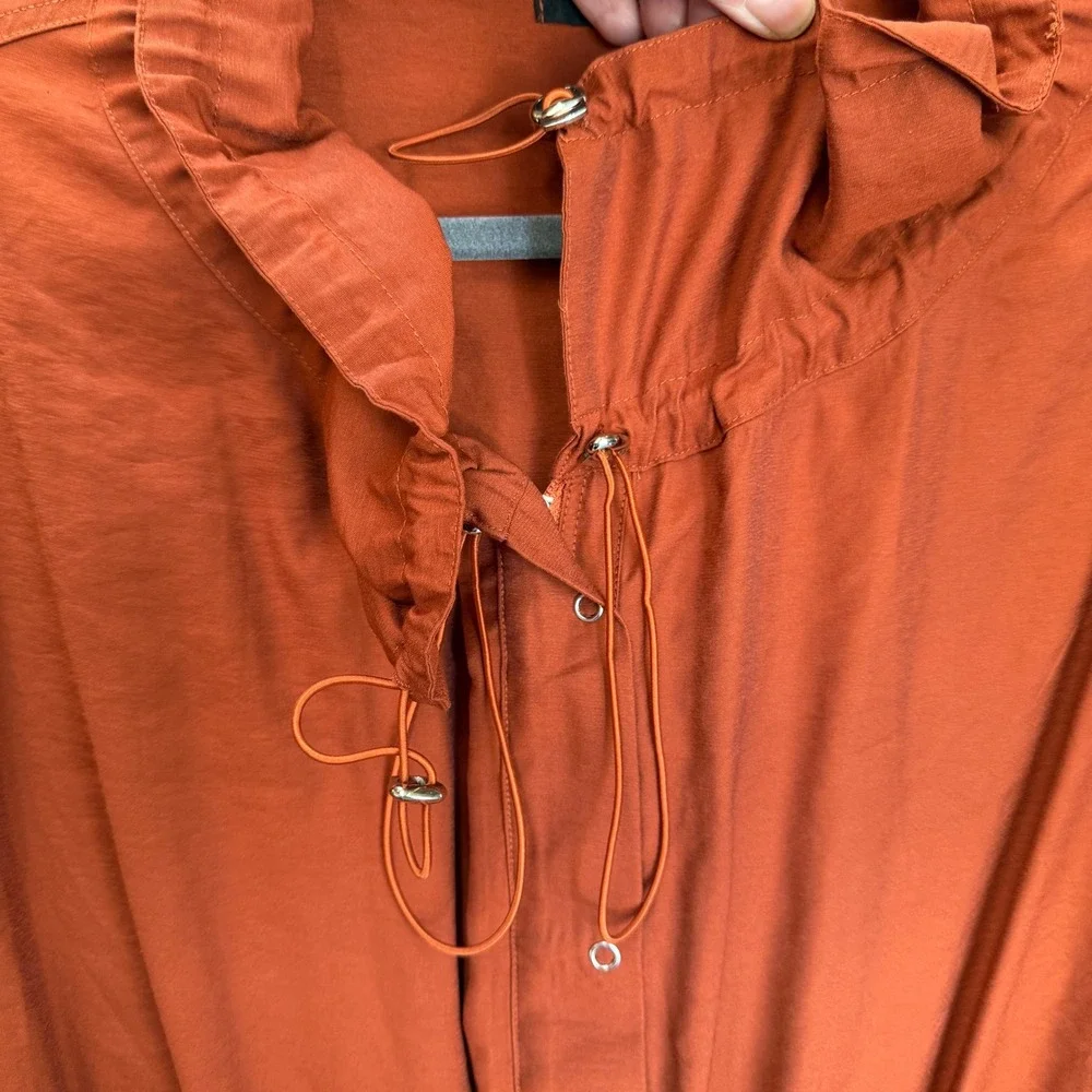 Womens Large Rust Orange Utility Coat Trench LONG Drawstring Long Rayon BBY1002 - Picture 13 of 16